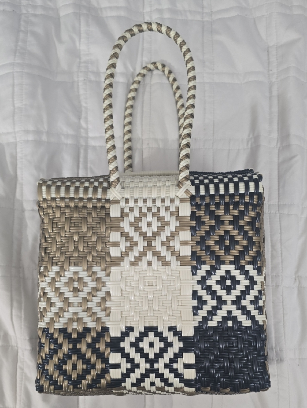 Mexican Handmade Woven Tote Bag in Cream, Tan & Black